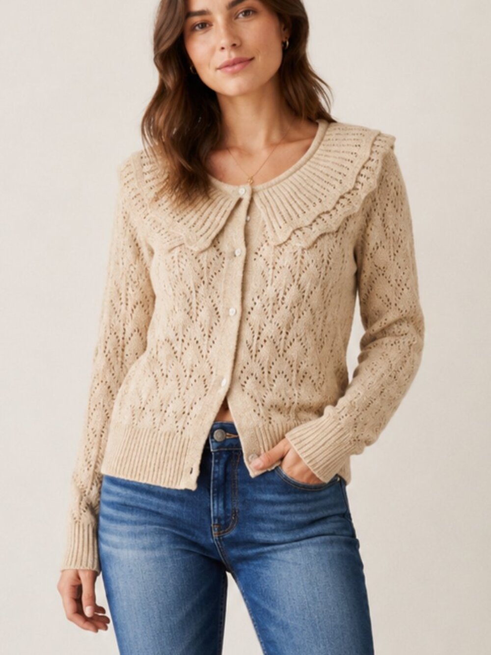 Cleo Ruffle Collar Pointelle Cardigan Women’s XS Beige Open Knit